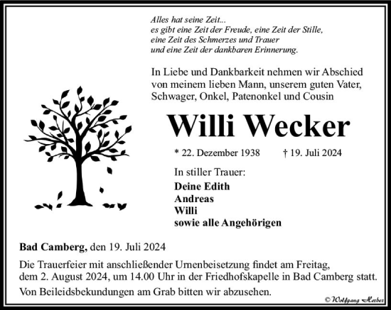 Traueranzeige von Willi Wecker von Camberger Anzeiger