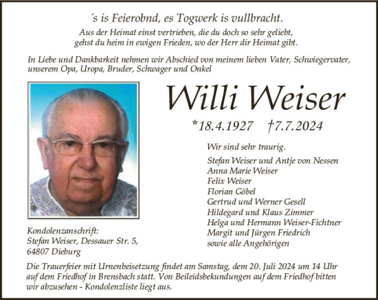 Traueranzeige von Willi Weiser von Odenwälder Echo