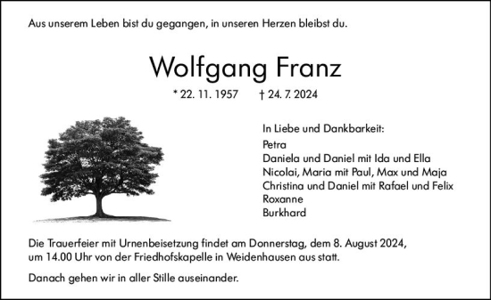 Traueranzeige von Wolfgang Franz von Hinterländer Anzeiger