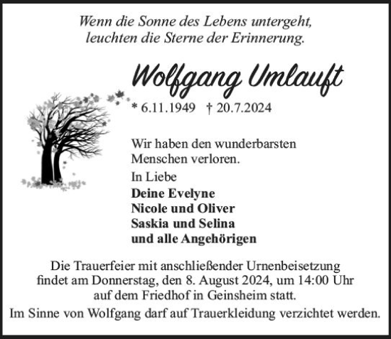 Traueranzeige von Wolfgang Umlauft von Groß-Gerauer Echo