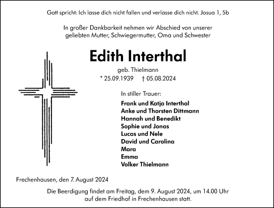 Traueranzeige von Edith Interthal von Hinterländer Anzeiger