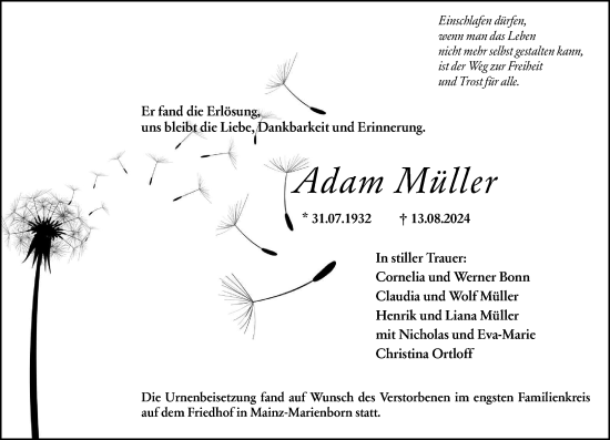 Traueranzeige von Adam Müller von Allgemeine Zeitung Mainz