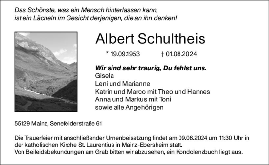 Traueranzeige von Albert Schultheis von Allgemeine Zeitung Mainz