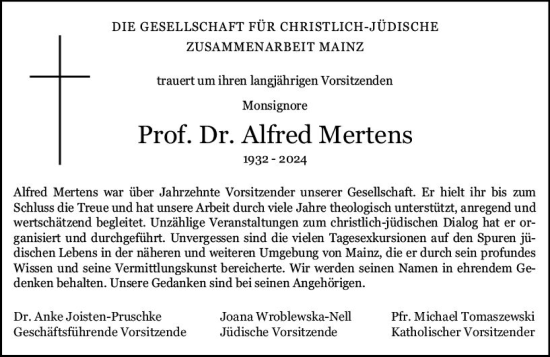 Traueranzeige von Alfred Mertens von Allgemeine Zeitung Mainz