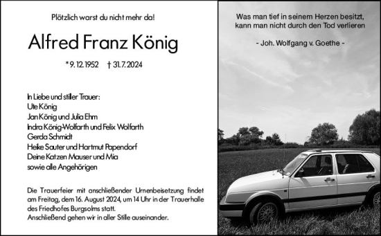 Traueranzeige von Alfred Franz König von Wetzlarer Neue Zeitung