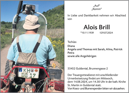 Traueranzeige von Alois Brill von Allgemeine Zeitung Rheinhessen-Nahe