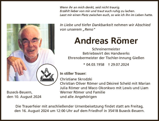 Traueranzeige von Andreas Römer von Wetzlarer Neue Zeitung