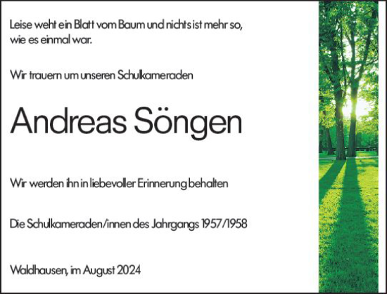Traueranzeige von Andreas Söngen von Weilburger Tageblatt