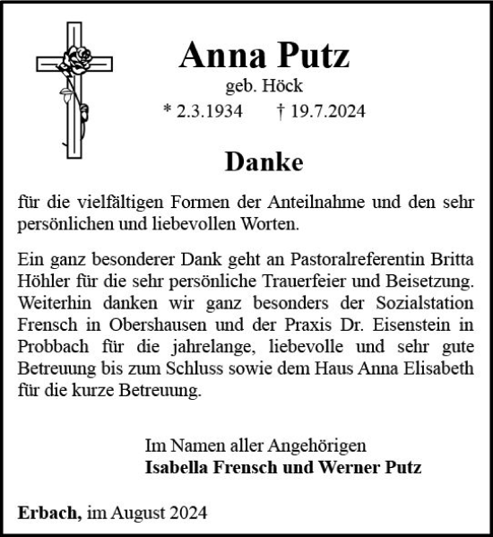 Traueranzeige von Anna Putz von Nassauische Neue Presse