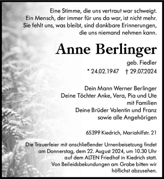 Traueranzeige von Anne Berlinger von Wiesbadener Kurier