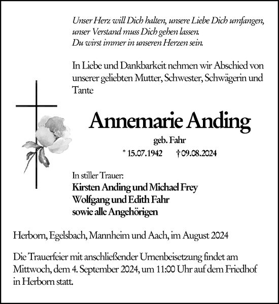 Traueranzeige von Annemarie Anding von Dill Block