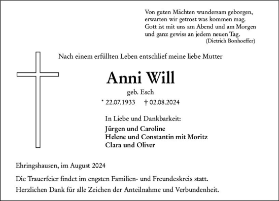 Traueranzeige von Anni Will von Wetzlarer Neue Zeitung
