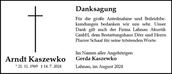 Traueranzeige von Arndt Kaszewko von Wetzlarer Neue Zeitung