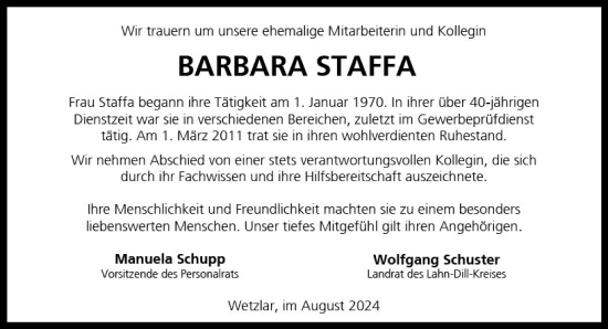 Traueranzeige von Barbara Staffa von Wetzlarer Neue Zeitung