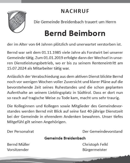 Traueranzeige von Bernd Beimborn von Hinterländer Anzeiger