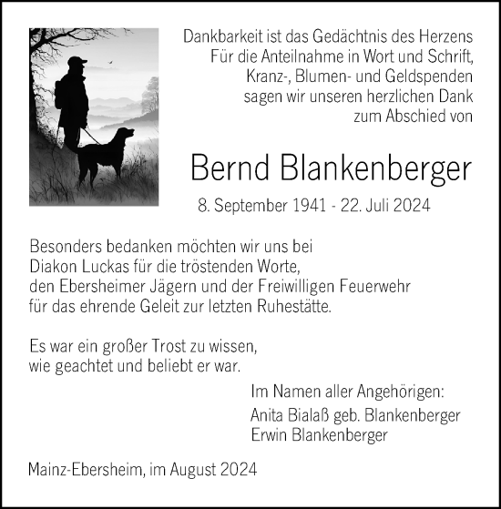 Traueranzeige von Bernd Blankenberger von Allgemeine Zeitung Mainz