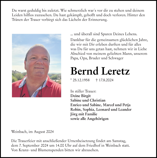 Traueranzeige von Bernd Leretz von Weilburger Tageblatt