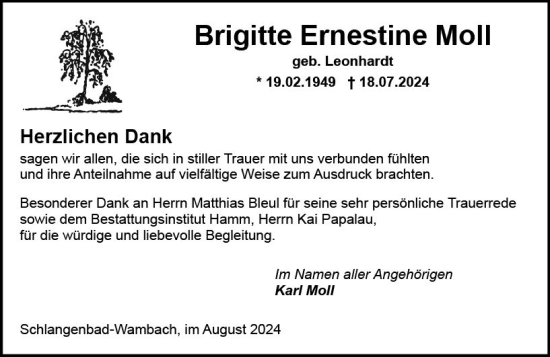 Traueranzeige von Brigitte Ernestine Moll von Wiesbadener Kurier