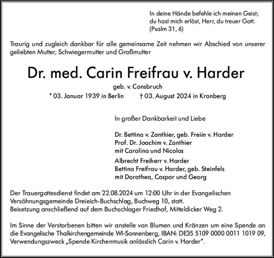 Traueranzeige von Carin Freifrau v. Harder von Wiesbadener Kurier
