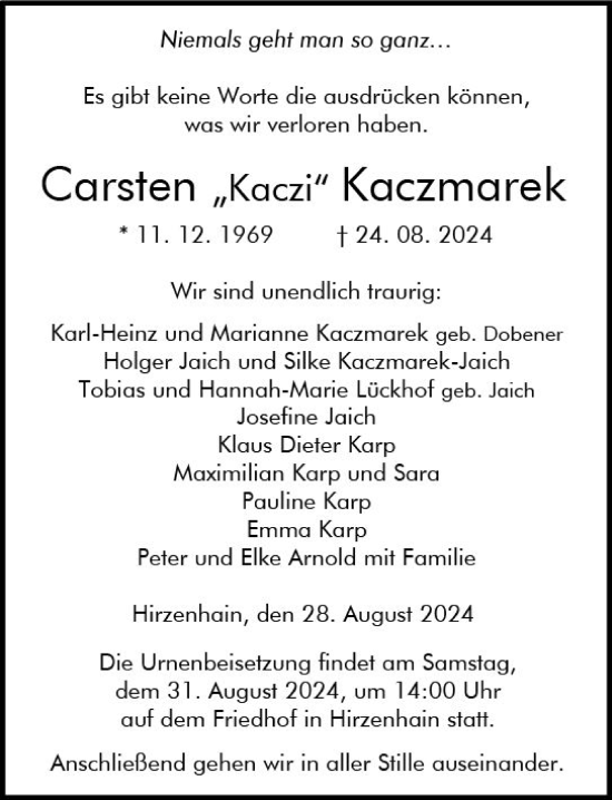 Traueranzeige von Carsten Kaczmarek von Dill Block