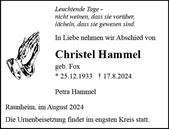 Traueranzeige von Christel Hammel von Rüsselsheimer Echo