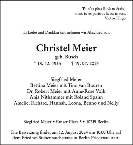 Traueranzeige von Christel Meier von Dill Block