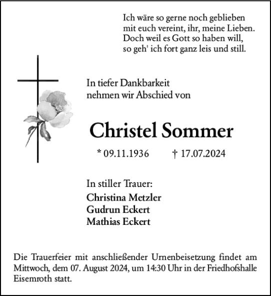 Traueranzeige von Christel Sommer von Dill Block