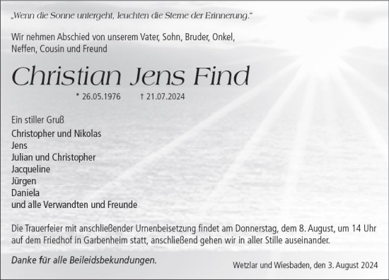 Traueranzeige von Christian Jens Find von Wetzlarer Neue Zeitung