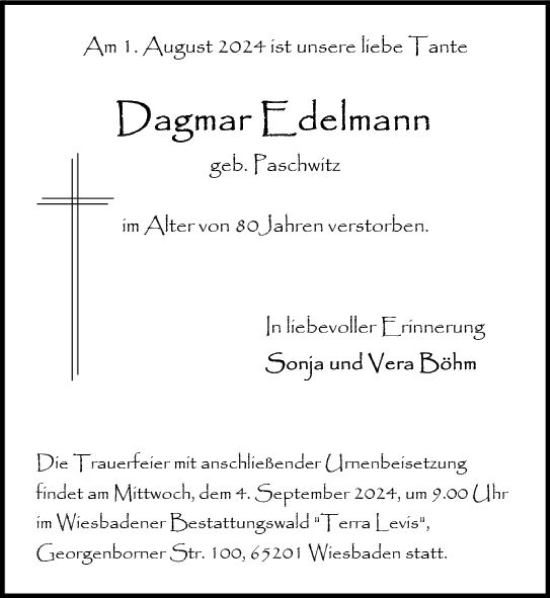 Traueranzeige von Dagmar Edelmann von Wiesbadener Kurier