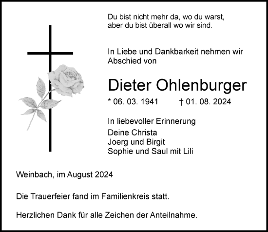 Traueranzeige von Dieter Ohlenburger von Weilburger Tageblatt