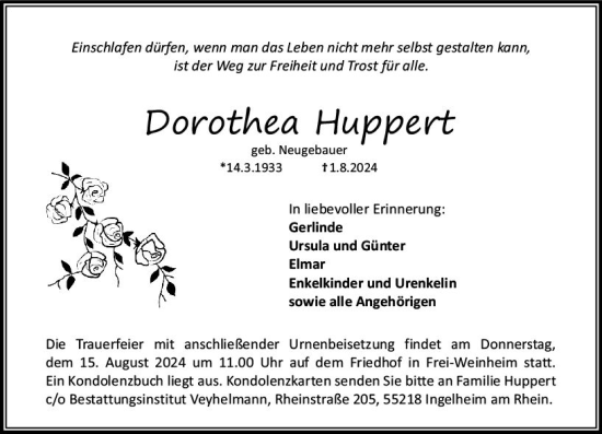 Traueranzeige von Dorothea Huppert von Allgemeine Zeitung Rheinhessen-Nahe