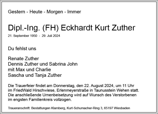 Traueranzeige von Eckhardt Kurt Zuther von Wiesbadener Kurier