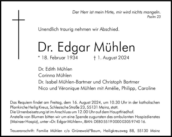 Traueranzeige von Edgar Mühlen von Allgemeine Zeitung Mainz