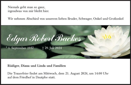 Traueranzeige von Edgar Robert Backes von Hinterländer Anzeiger