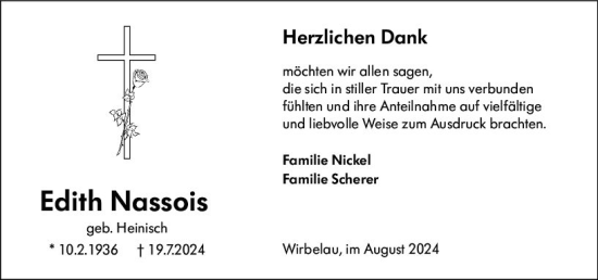 Traueranzeige von Edith Nassois von Weilburger Tageblatt