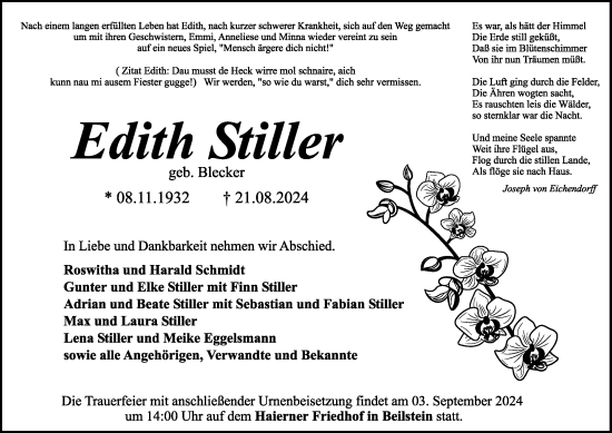 Traueranzeige von Edith Stiller von Dill Block