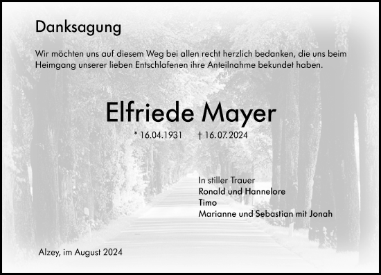 Traueranzeige von Elfriede Mayer von Allgemeine Zeitung Alzey