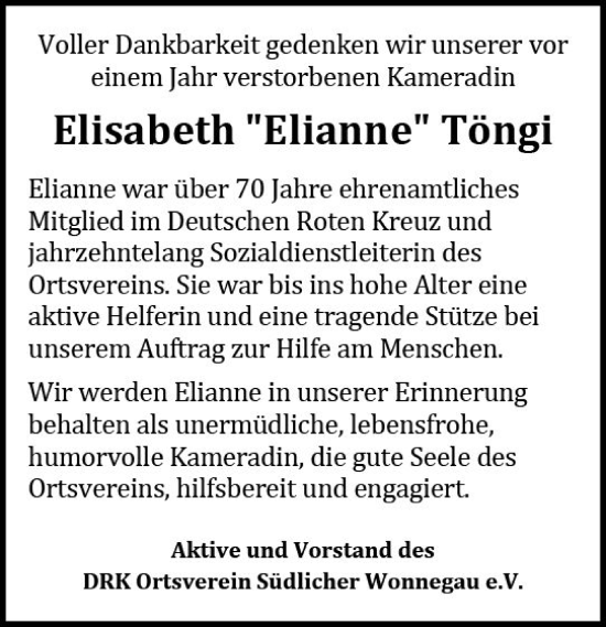 Traueranzeige von Elisabeth Töngi von Wormser Zeitung