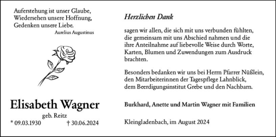 Traueranzeige von Elisabeth Wagner von Hinterländer Anzeiger