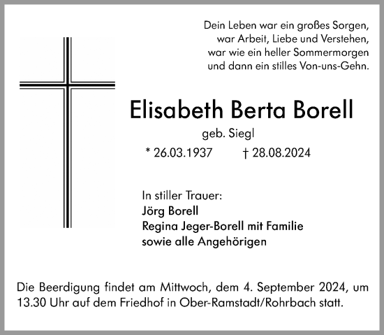 Traueranzeige von Elisabeth Berta Borell von Darmstädter Echo