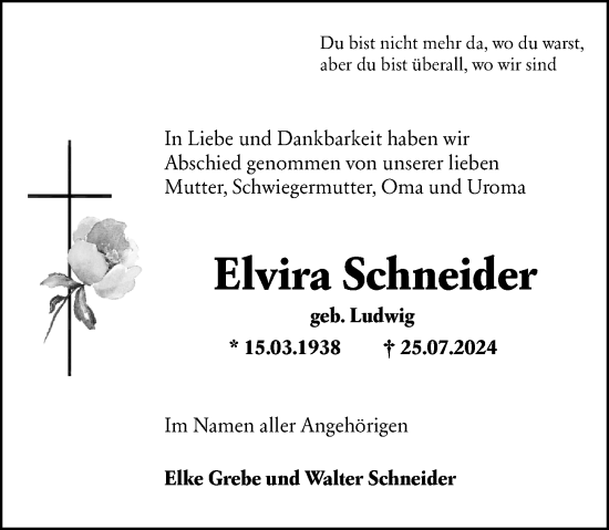 Traueranzeige von Elvira Schneider von Hinterländer Anzeiger