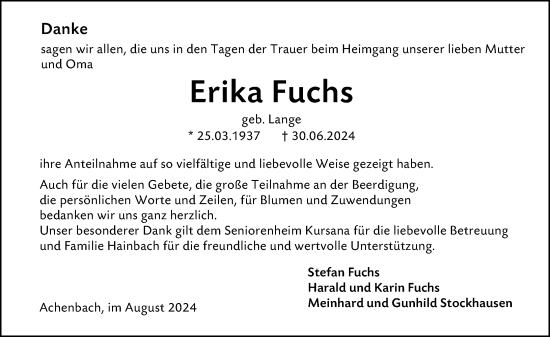 Traueranzeige von Erika Fuchs von Hinterländer Anzeiger