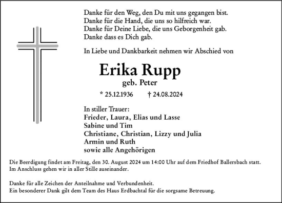 Traueranzeige von Erika Rupp von Dill Block