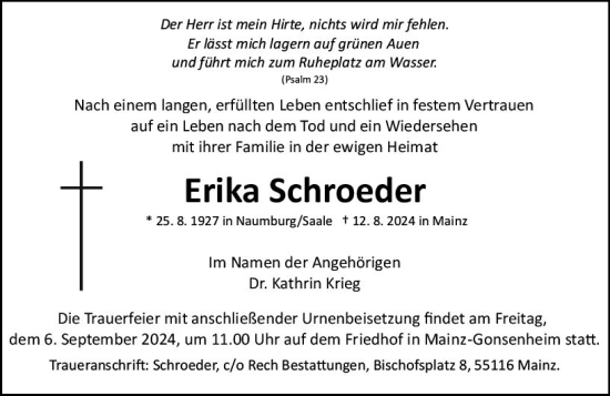 Traueranzeige von Erika Schroeder von Allgemeine Zeitung Mainz
