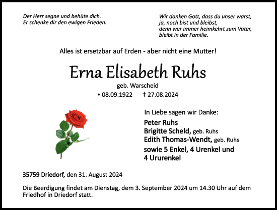 Traueranzeige von Erna Elisabeth Ruhs von Dill Block