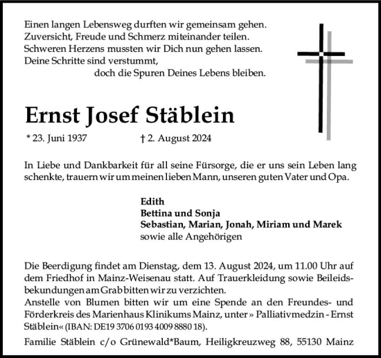 Traueranzeige von Ernst Josef Stäblein von Allgemeine Zeitung Mainz