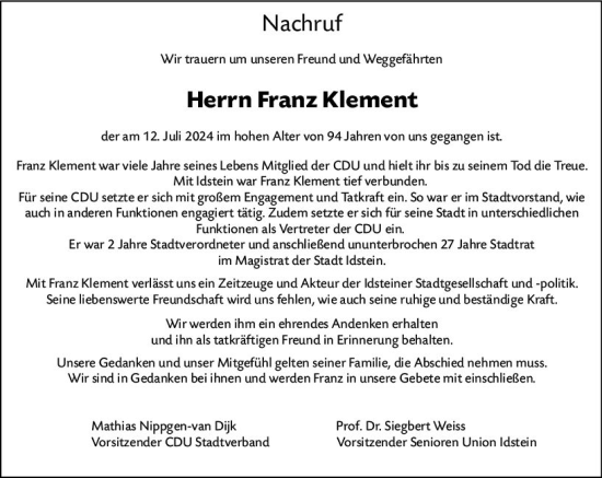 Traueranzeige von Franz Klement von Idsteiner Land/Untertaunus