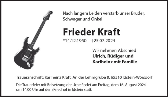 Traueranzeige von Frieder Kraft von Idsteiner Land/Untertaunus