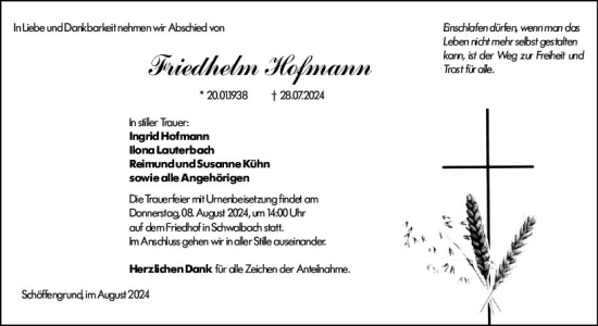Traueranzeige von Friedhelm Hofmann von Wetzlarer Neue Zeitung