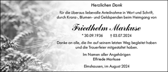 Traueranzeige von Friedhelm Markuse von Hinterländer Anzeiger